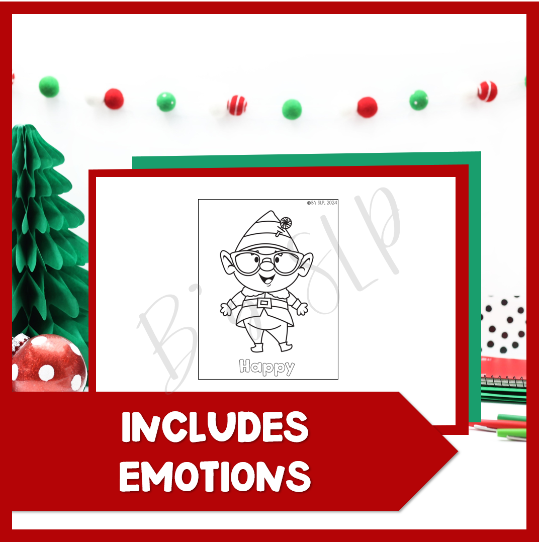 Christmas Coloring Vocabulary, Action Verbs, & Feelings, Emotions Picture Activities Speech Therapy