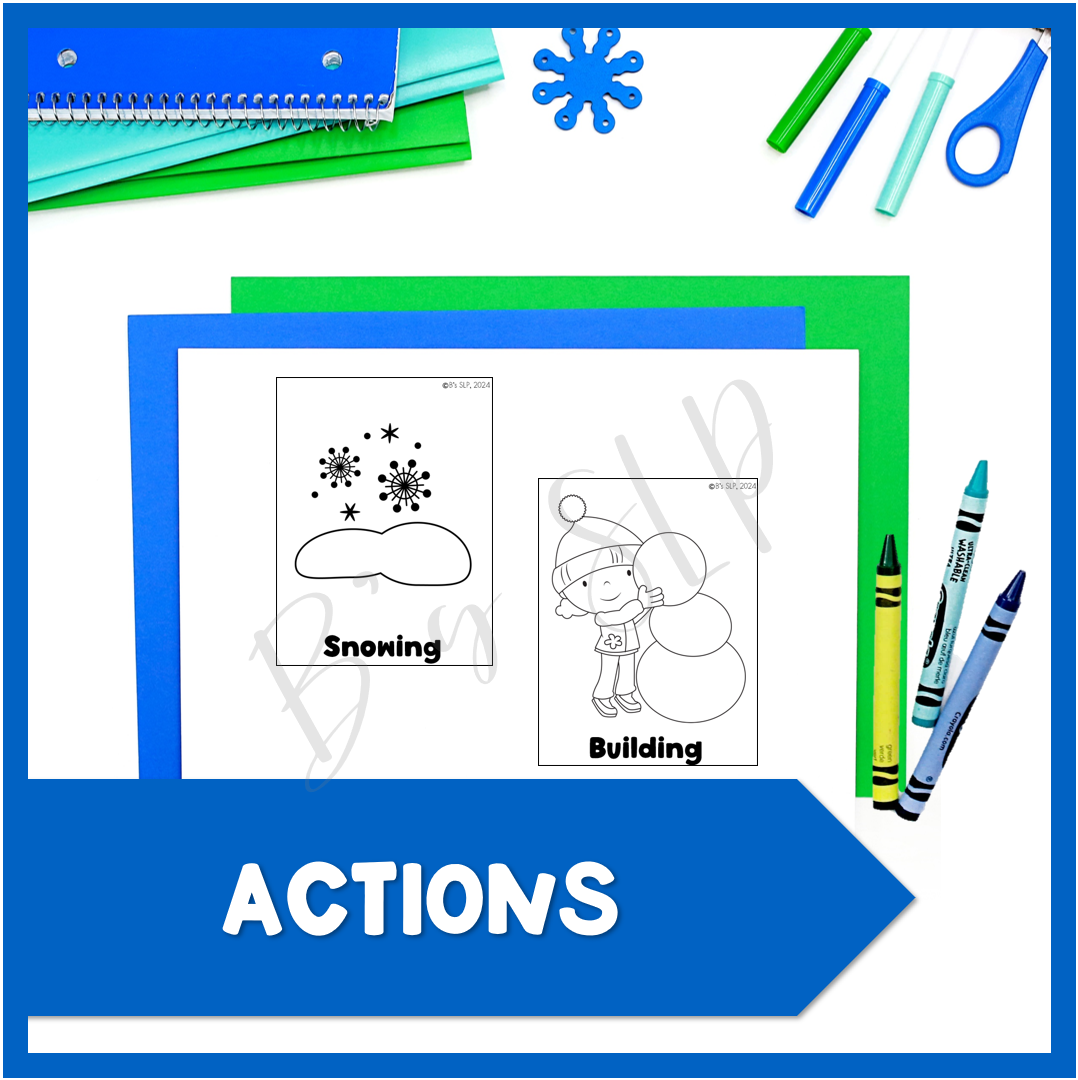 Winter Coloring Vocabulary, Action Verbs, & Feelings, Emotions Picture Activities Speech Therapy