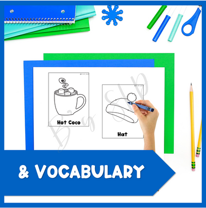 Winter Coloring Vocabulary, Action Verbs, & Feelings, Emotions Picture Activities Speech Therapy