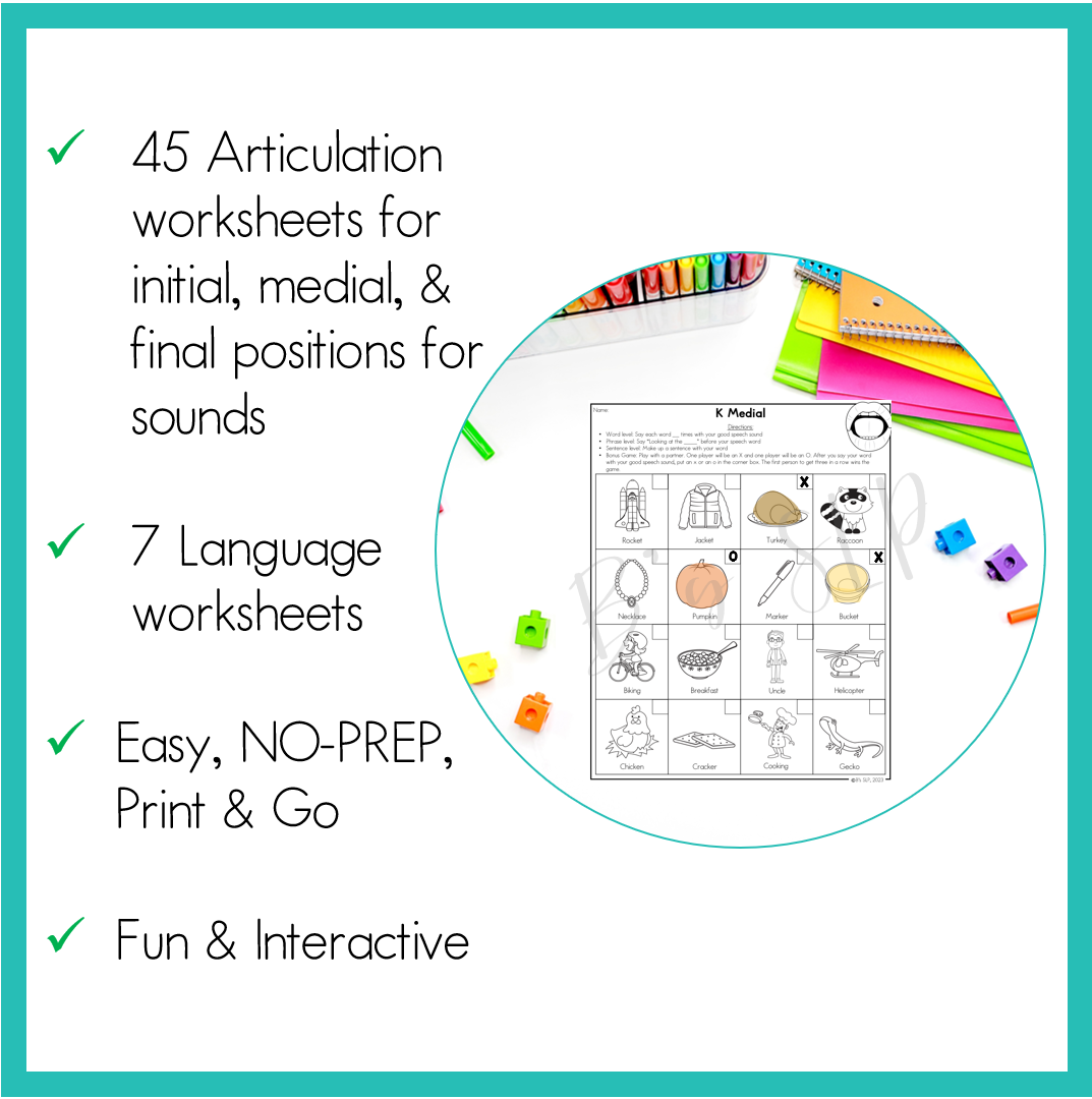 Articulation and Language Four in a Row NO-PREP Worksheet Activities