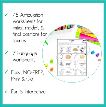 Articulation and Language Four in a Row NO-PREP Worksheet Activities