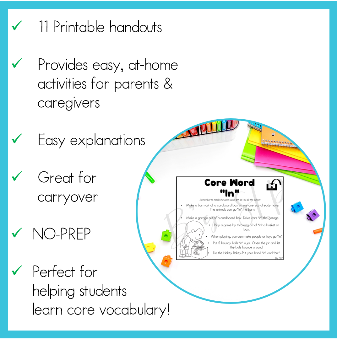 AAC Core Vocabulary Words Parent Handouts for Home Practice Speech Therapy