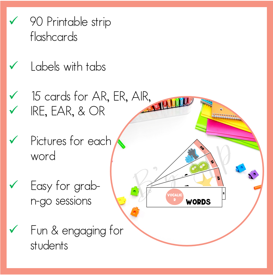 Vocalic R Articulation Printable Strip Flashcards for Speech Therapy