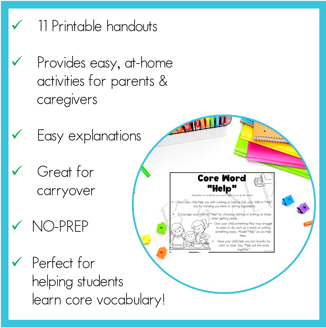 AAC Core Vocabulary Words Parent Handouts for Home Practice Speech Therapy