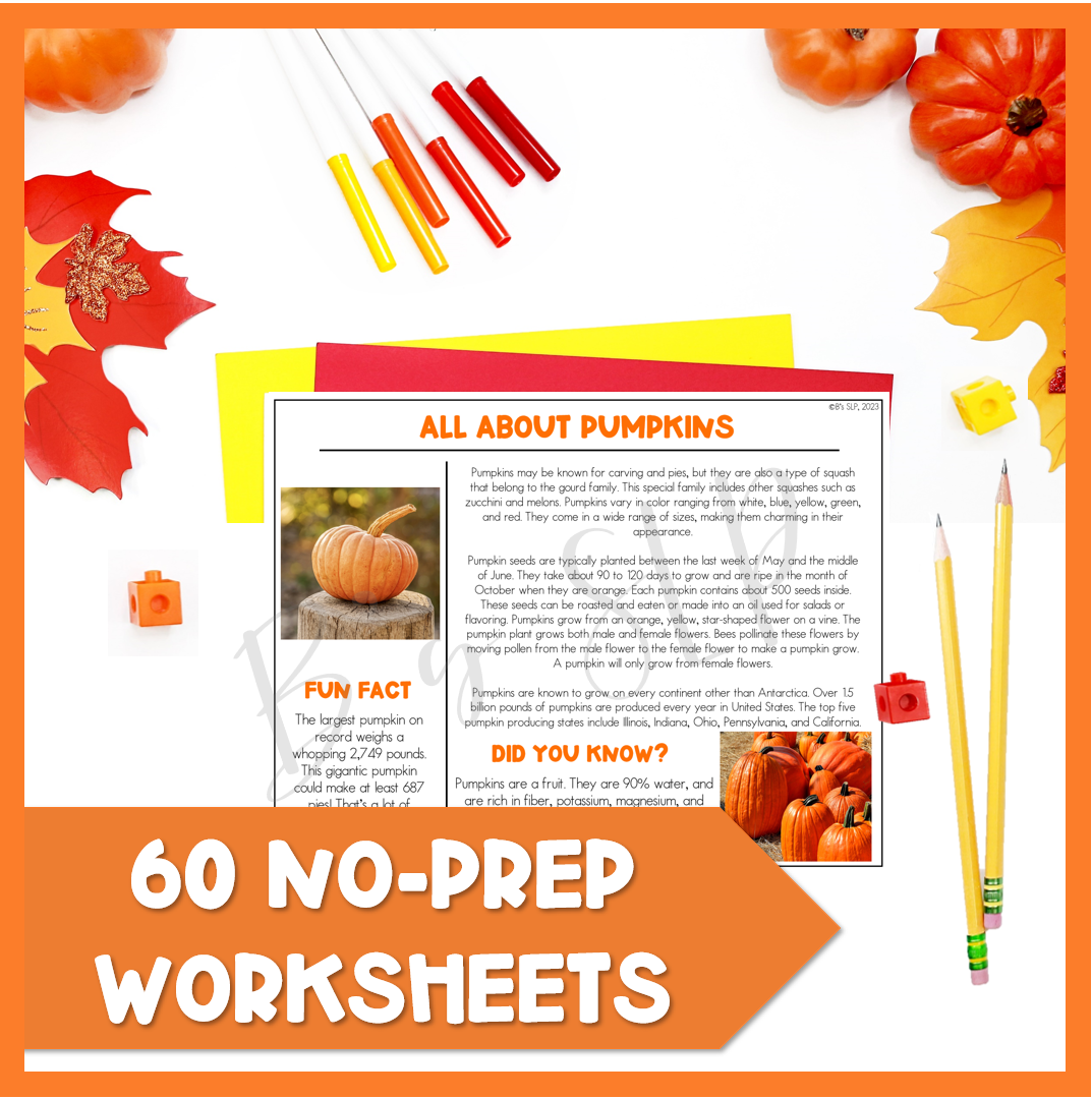 Fall Comprehension Language Worksheets NO-PREP Speech Therapy