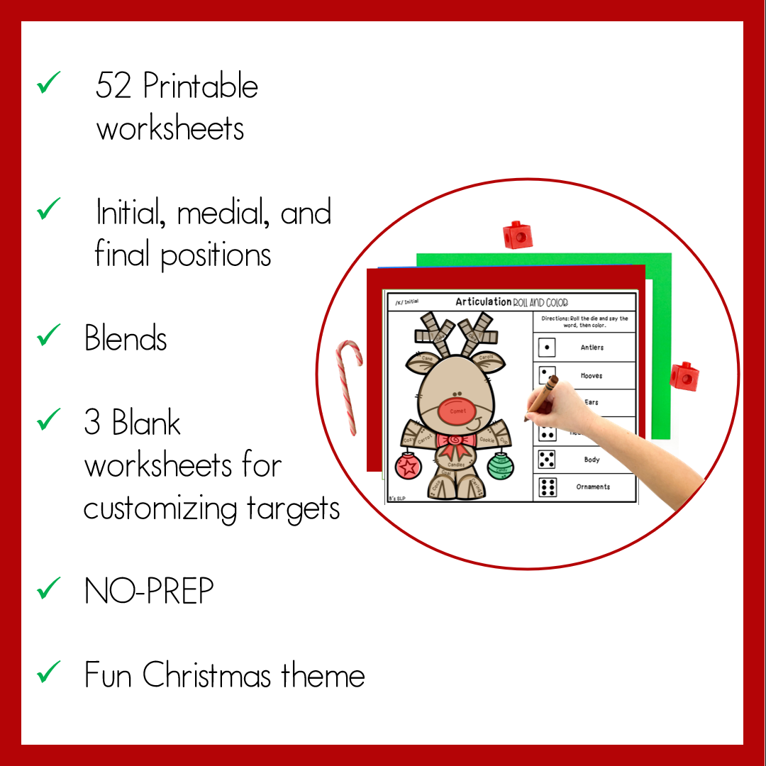 Christmas Articulation Roll and Color Worksheets Activity Speech Therapy