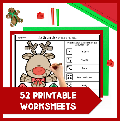 Christmas Articulation Roll and Color Worksheets Activity Speech Therapy