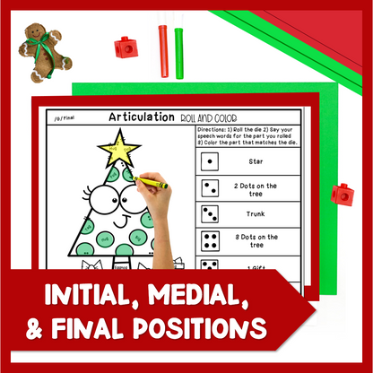 Christmas Articulation Roll and Color Worksheets Activity Speech Therapy