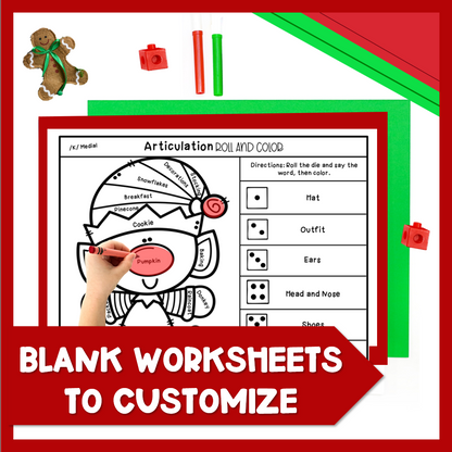 Christmas Articulation Roll and Color Worksheets Activity Speech Therapy