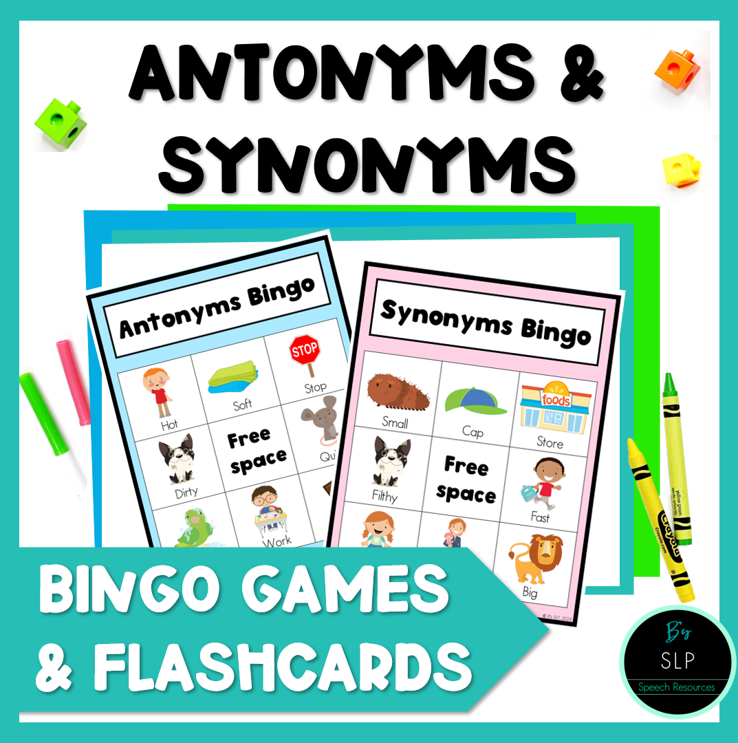 Antonyms and Synonyms Bingo Game and Flashcard Activity Speech Therapy