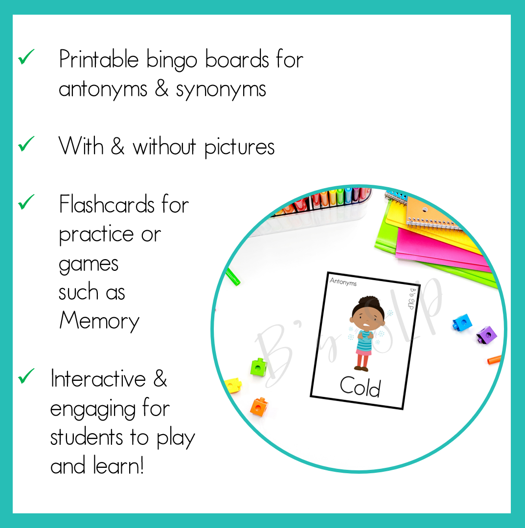 Antonyms and Synonyms Bingo Game and Flashcard Activity Speech Therapy