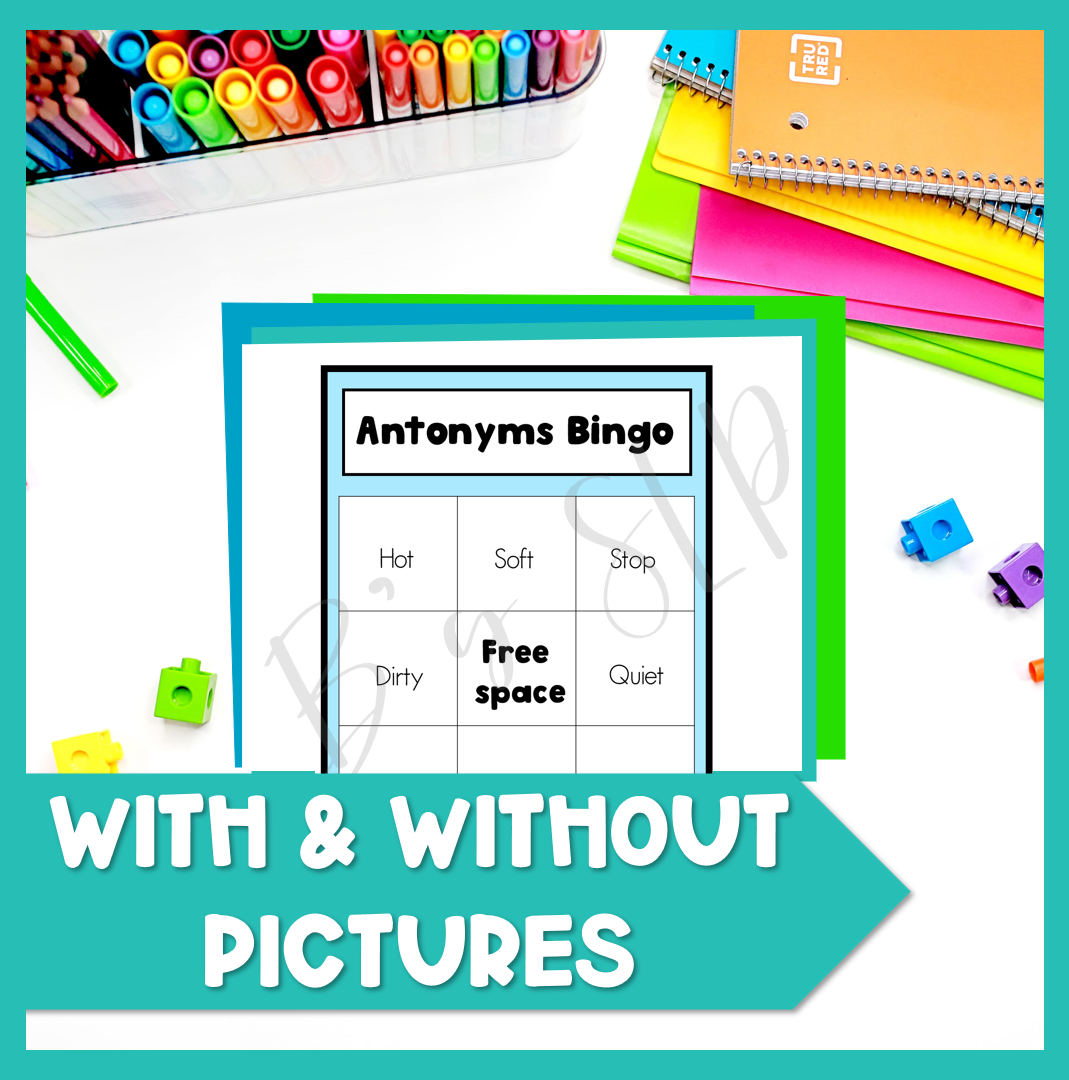 Antonyms and Synonyms Bingo Game and Flashcard Activity Speech Therapy