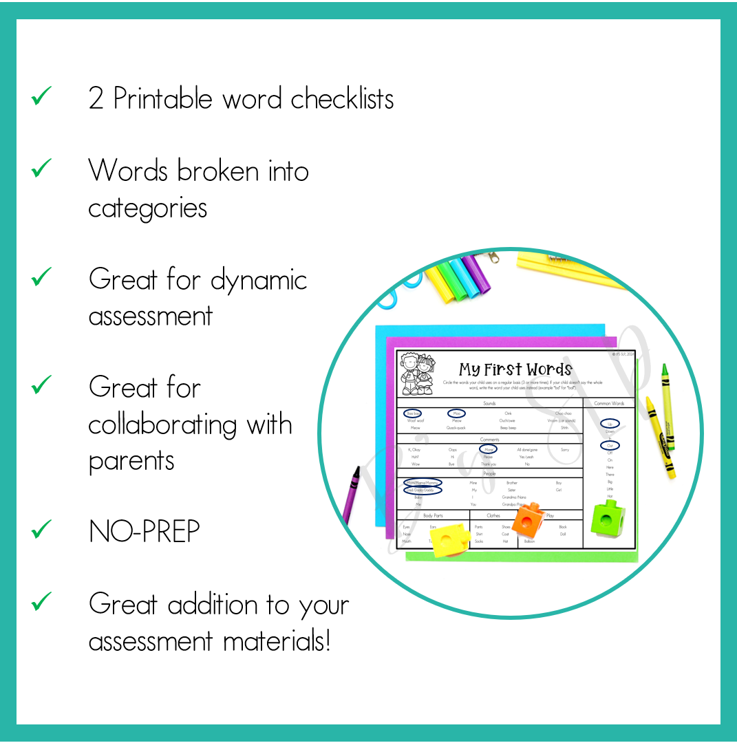 First Words Assessment Vocabulary Checklist Early Intervention Speech Therapy