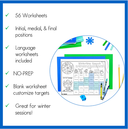 Winter Articulation and Language NO PREP Worksheets Mixed Groups Speech Therapy