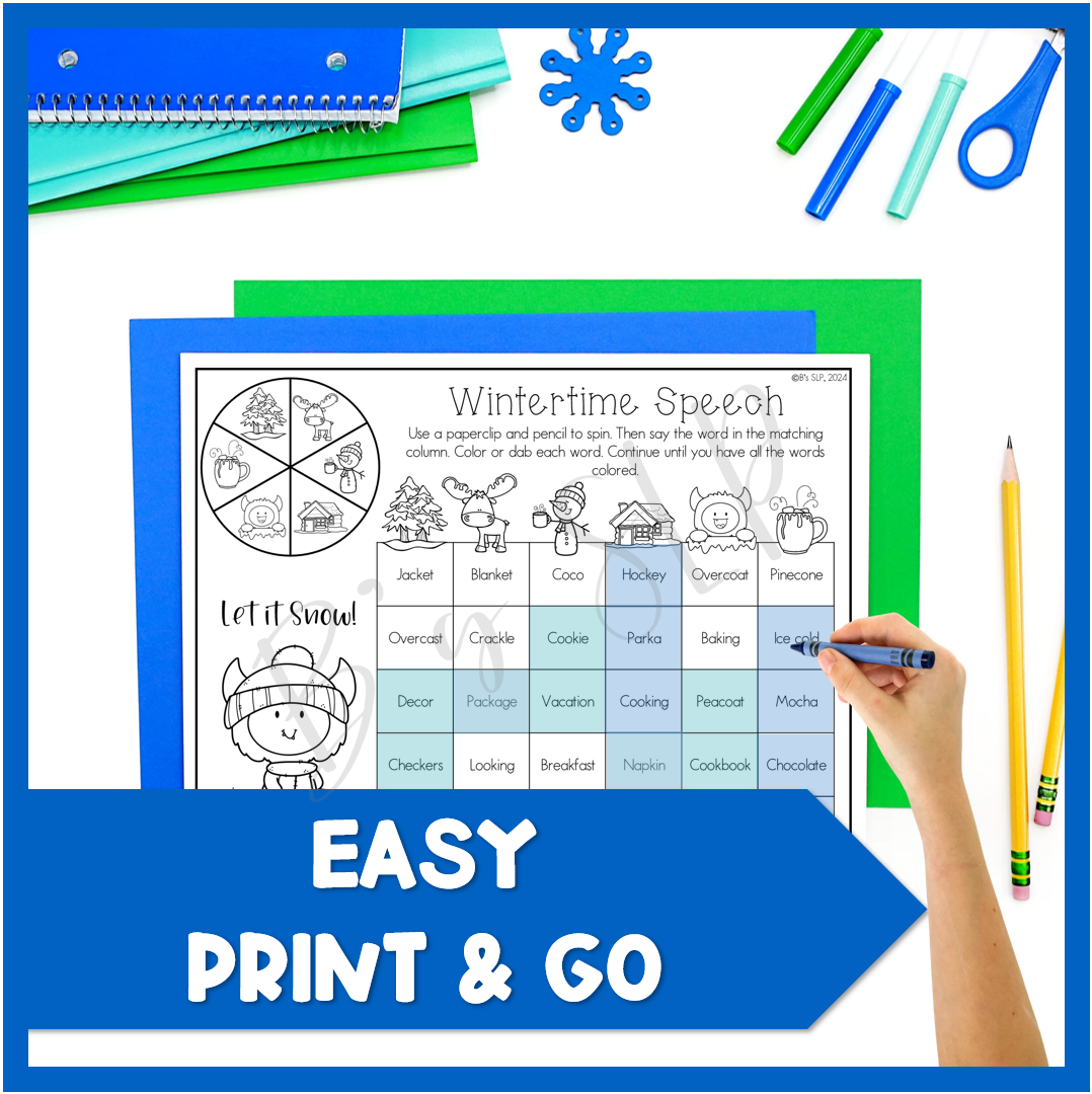 Winter Articulation and Language NO PREP Worksheets Mixed Groups Speech Therapy