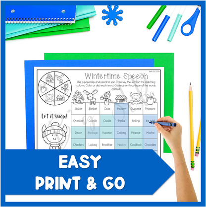 Winter Articulation and Language NO PREP Worksheets Mixed Groups Speech Therapy