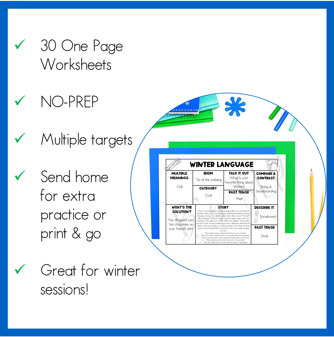 Winter Language Worksheets One Page NO PREP Activities for Speech Therapy