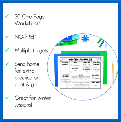 Winter Language Worksheets One Page NO PREP Activities for Speech Therapy