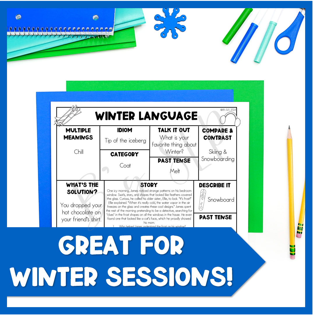 Winter Language Worksheets One Page NO PREP Activities for Speech Therapy